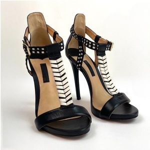 🖤SCHUTZ Strappy Black and White Contrast Woven Leather Sandal Heels size 6.5